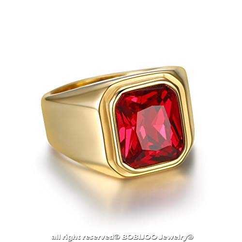 BOBIJOO Jewelry – Bague Chevalière Homme Cabochon Carré Acier INOX Doré Or Fin Plaqué Faux Rubis