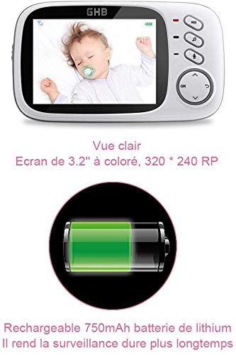 GHB Babyphone Caméra 3.2 Inches Bébé Moniteur Babyphone Vidéo LCD Couleur Bébé Surveillance 2.4 GHz Communication…