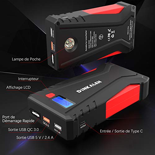 DINKALEN Booster Batterie Voiture 12800mAh 800A Portable Booster de Batterie Moto (Jusqu’à 6.0L Essence/5.0L Diesel…