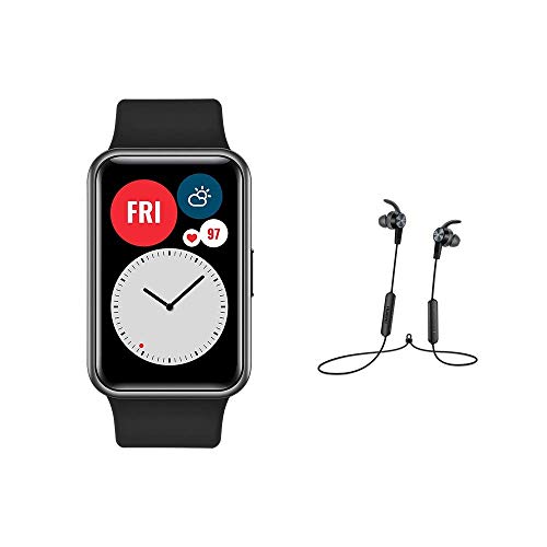HUAWEI WATCH FIT Montre Connectée + Ecouteurs AM61, Boitier en métal, écran AMOLED de 1.64″, 10 Jours D’autonomie, 96 Modes D’entraînement, GPS Intégré,SpO2, Capteur de Fréquence Cardiaque, Noir