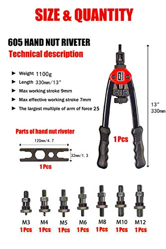 13″ 330MM Blind Rivet Nut Gun Rivet Nut Tool Hand INSER NUT Tool Manual Mandrels M3 M4 M5 M6 M8 M10 M12 BT-605