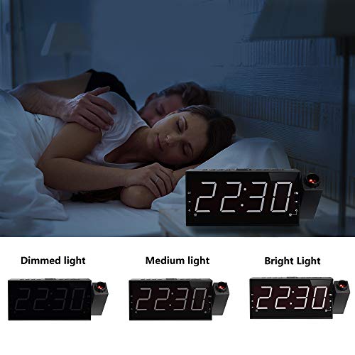 Radio-Réveil Projection Horloge Lumière à LED 7″ Radio FM, 12 / 24H, Minuterie De Sommeil, Port de Recharge USB, Double Alarme, Batterie de Secours