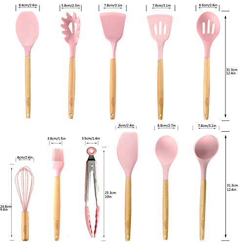 ZCOINS Ensemble d’ustensiles de cuisine en silicone 18 + 1 pièces avec poignées en bois et support (rose)