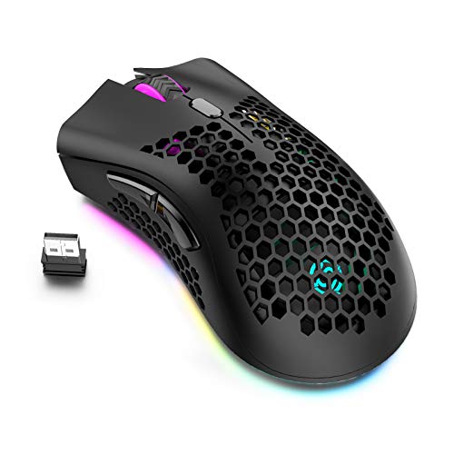 Aceshop Souris sans Fil, 2.4G Souris Optique Mobile avec Coque Creuse en nid d’abeille, 5 Modes d’éclairage, 7 Boutons…