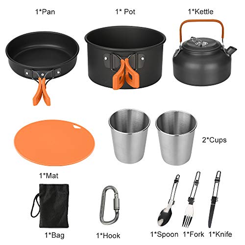Awroutdoor Casseroles Camping Set, 13 pièces Aluminium Léger Camping Léger Casserole Pan Set avec Sac de Filet…