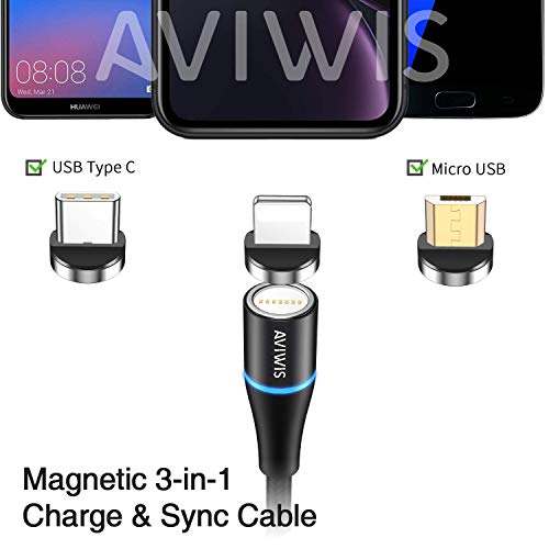 Câble de Chargeur Magnétique, 3 en 1 3A Charge Rapide et Synchro Données Câble Aimanté avec Micro USB, Type C, Ip…