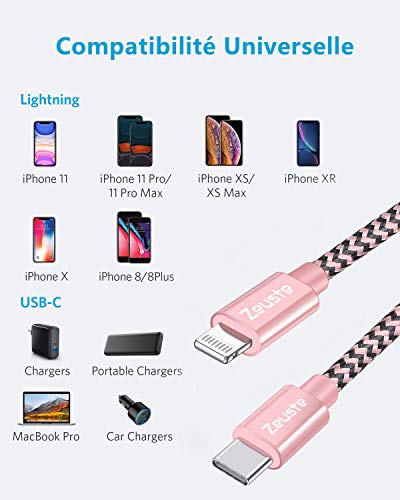 Zeuste Câble USB C vers Lightning[Certifié de MFi]1,5m en Nylon Tressé Charge Rapide Compatible avec iPhone 11 Pro…