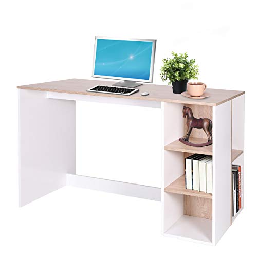 Bureau Informatique Table d’Ordinateur Commode de Maquillage avec Étagère de Rangement Ouvert Blanche et Bois