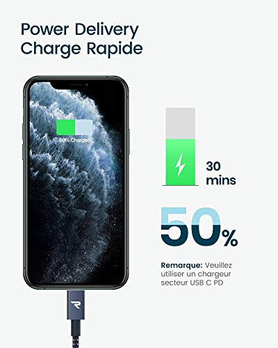 RAMPOW Câble USB C vers Lightning MFi Certifié, Câble Lightning USB C Power Delivery Nylon Tressé pour iPhone 12/11/11…