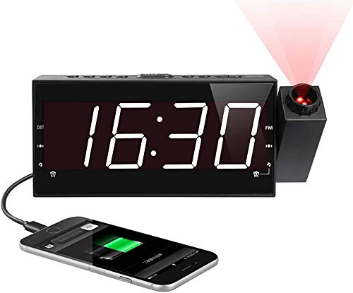 Radio-Réveil Projection Horloge Lumière à LED 7″ Radio FM, 12 / 24H, Minuterie De Sommeil, Port de Recharge USB, Double Alarme, Batterie de Secours