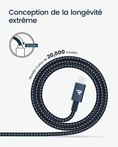 RAMPOW Câble USB C vers Lightning MFi Certifié, Câble Lightning USB C Power Delivery Nylon Tressé pour iPhone 12/11/11…