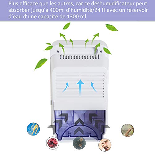 Déshumidificateur portable électrique 1,3 L silencieux évacuation continue 400 mL/24 H idéal pièces 20 m² blanc