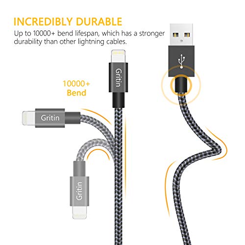Gritin Câble iPhone [MFI Certifié Apple], 2M Câble Lightning vers en Nylon Tressé Charge Rapide Synchro Chargeur iPhone…