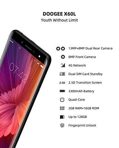 Smartphone Débloqué 4G, DOOGEE X60 L Téléphone Portable, 5.5 Pouces 2.5D Écran, 3300mAh Batterie, Camera 13MP+8MP…