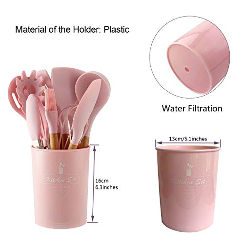 ZCOINS Ensemble d’ustensiles de cuisine en silicone 18 + 1 pièces avec poignées en bois et support (rose)
