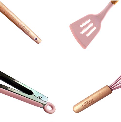ZCOINS Ensemble d’ustensiles de cuisine en silicone 18 + 1 pièces avec poignées en bois et support (rose)