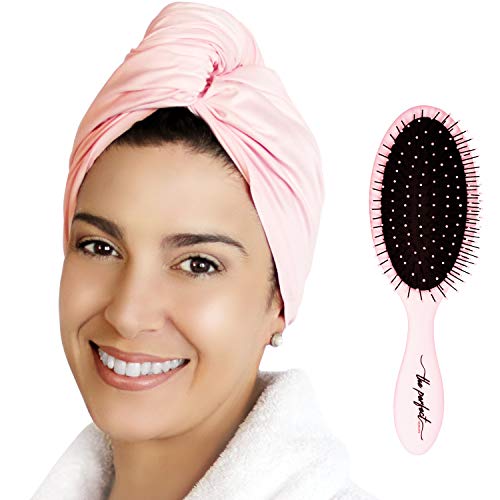 THE PERFECT HAIRCARE Ultra-Fine Microfiber Hair Towel Wrap – Anti-frizz Fast Drying Turban with Wet/Dry Brush by