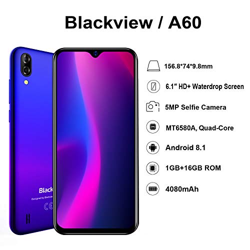 Blackview A60 Smartphone débloqué，Android 8.1 Téléphone Portable, Plein écran Goutte d’Eau de 6.1 Pouces, 4080 mAh…