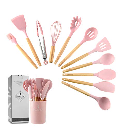 ZCOINS Ensemble d’ustensiles de cuisine en silicone 18 + 1 pièces avec poignées en bois et support (rose)