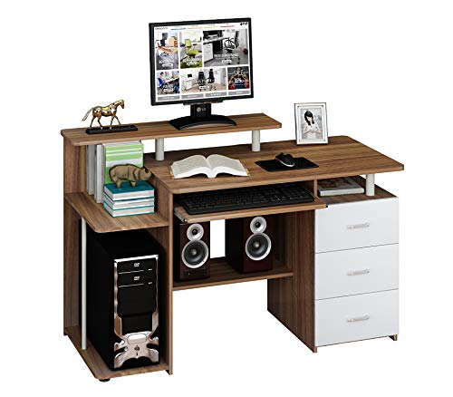 HJH Office 673953 Table/bureau pour ordinateur avec commode fixe, couleur noyer/blanc