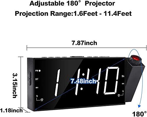 Radio-Réveil Projection Horloge Lumière à LED 7″ Radio FM, 12 / 24H, Minuterie De Sommeil, Port de Recharge USB, Double Alarme, Batterie de Secours