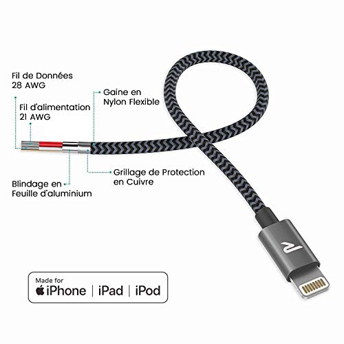 RAMPOW Câble pour iPhone [Certifié Apple MFi] en Fibre de Nylon Tressé avec Connecteur Ultra Résistant pour iPhone 11/11…