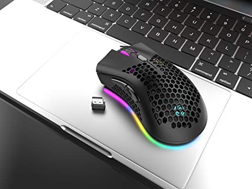 Aceshop Souris sans Fil, 2.4G Souris Optique Mobile avec Coque Creuse en nid d’abeille, 5 Modes d’éclairage, 7 Boutons…