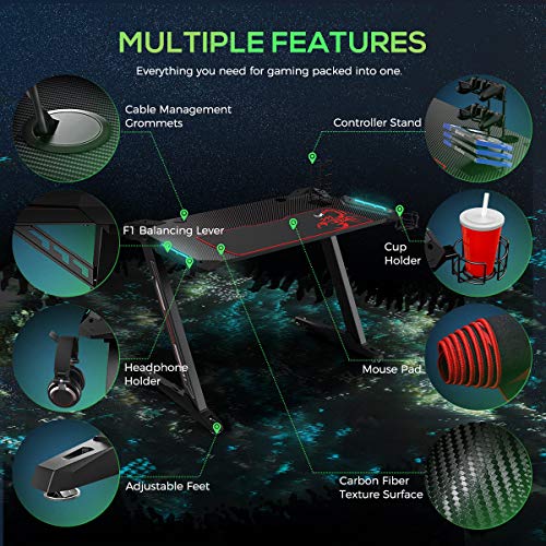 EUREKA ERGONOMIC Bureau Gaming LED Bureau Gamer 114 x 64 CM Pieds en Forme Z Bureau Gaming PC avec Tapis de Souris…