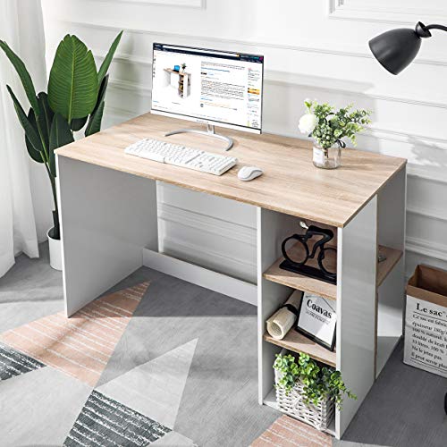 Bureau Informatique Table d’Ordinateur Commode de Maquillage avec Étagère de Rangement Ouvert Blanche et Bois