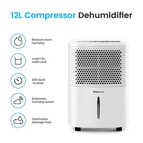 Pro Breeze Déshumidificateur Silencieux 12L/jour, Déshumidification de pièces jusqu’à 120m³ (20 m²) – avec 3 Modes…