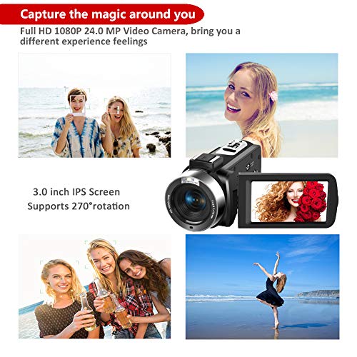 Camescope Caméra Vidéo Full HD 1080P 30FPS 24.0MP Caméscope 18X Zoom Numérique avec Microphone Caméra de Vision Nocturne…