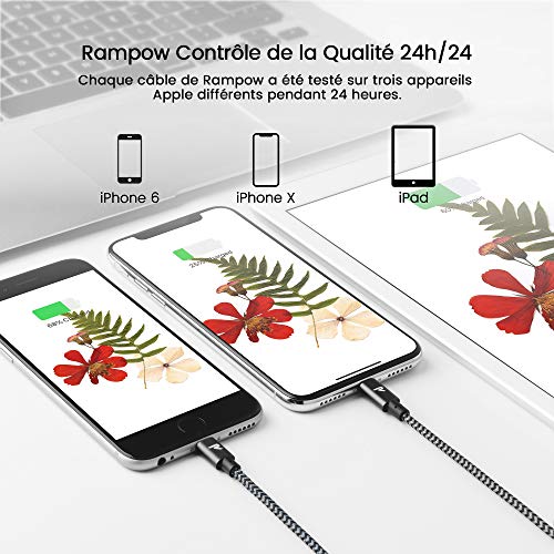 RAMPOW Câble pour iPhone [Certifié Apple MFi] en Fibre de Nylon Tressé avec Connecteur Ultra Résistant pour iPhone 11/11…