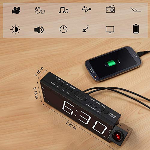 Radio-Réveil Projection Horloge Lumière à LED 7″ Radio FM, 12 / 24H, Minuterie De Sommeil, Port de Recharge USB, Double Alarme, Batterie de Secours