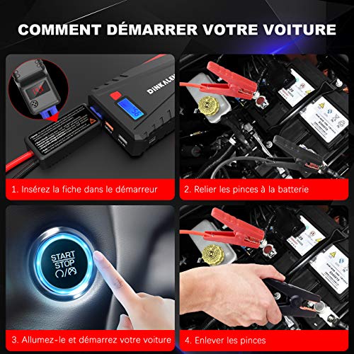 DINKALEN Booster Batterie Voiture 12800mAh 800A Portable Booster de Batterie Moto (Jusqu’à 6.0L Essence/5.0L Diesel…