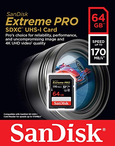 SanDisk 64 Go Extreme PRO SDXC, carte mémoire, jusqu’à 170 MB/s UHS-I Classe 10, U3, V30