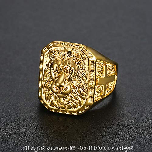 BOBIJOO Jewelry – Grosse Chevalière Bague Homme Tête de Lion Acier Inoxydable Or Doré Plaqué Croix Voyageur