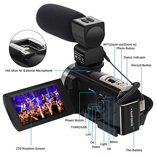 Aabeloy Caméscope Caméra Vidéo, Appareil Photo Numérique avec Microphone HD 1080p 24MP Zoom Numérique 16X LCD 3,0 Pouces…