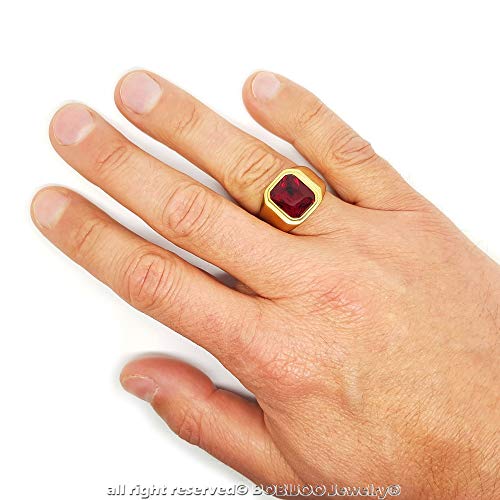 BOBIJOO Jewelry – Bague Chevalière Homme Cabochon Carré Acier INOX Doré Or Fin Plaqué Faux Rubis
