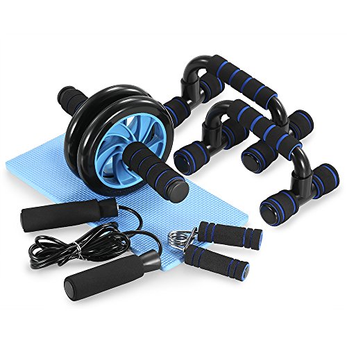 TOMSHOO Appareils de Fitness 5 en 1 Roue Abdominale + Poignée de Pompe + Corde à Sauter + Pince à Main + Tapis pour…