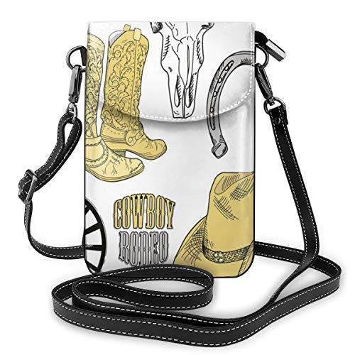 Women Mini Purse Crossbody of Cell Phone,Cowboy Rodeo Accessories Skull Lasso Hat Vintage Wheel Horseshoe