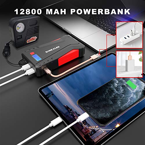 DINKALEN Booster Batterie Voiture 12800mAh 800A Portable Booster de Batterie Moto (Jusqu’à 6.0L Essence/5.0L Diesel…