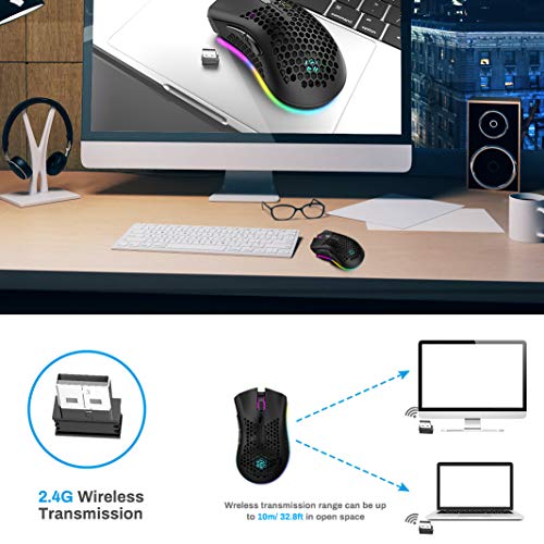 Aceshop Souris sans Fil, 2.4G Souris Optique Mobile avec Coque Creuse en nid d’abeille, 5 Modes d’éclairage, 7 Boutons…