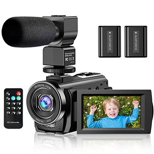 Aabeloy Caméscope Caméra Vidéo, Appareil Photo Numérique avec Microphone HD 1080p 24MP Zoom Numérique 16X LCD 3,0 Pouces…
