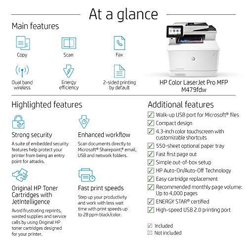 HP Color LaserJet Pro M479fdw- Imprimante laser – Recto-verso – A4 – 38 400 x 600 ppp – jusqu’à 27 ppm (mono) (couleur…