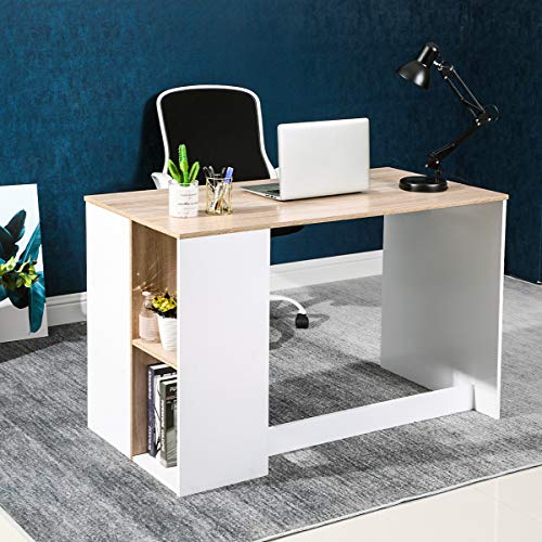 Bureau Informatique Table d’Ordinateur Commode de Maquillage avec Étagère de Rangement Ouvert Blanche et Bois