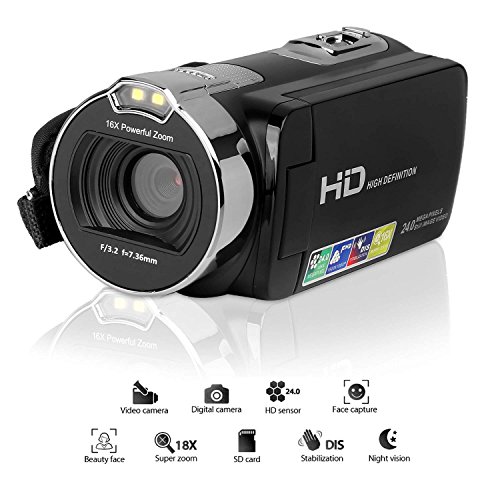 Caméra vidéo Caméscope Caméscope numérique 24MP 2,7 Pouces HD 1080P, enregistreur de caméra à Zoom numérique 16X avec…