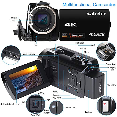 Caméscope 4K Vlogging Caméra Vidéo Ultra HD Wi-Fi Appareil Photo Numérique 48MP 3” écran Tactile Vision Nocturne 16X…