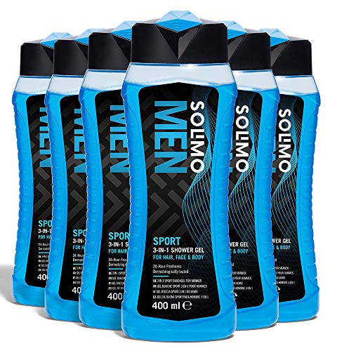 Marque Amazon – Solimo Gel douche sport 3-In-1 (Corps visage, cheveux) pour hommes -24 heures de fraîcheur- Lot de 6 (6…