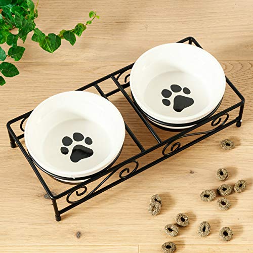 Navaris Gamelle Double Chat Chien – Gamelle Céramique avec Support en Métal Antidérapant – 2X Bol 320mL pour Croquettes…
