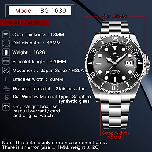 BERSIGAR Montre Automatique pour Homme, Mécanique 100M Etanche Analogique, Montre de Plongée à Mouvement, Aux Rayures…